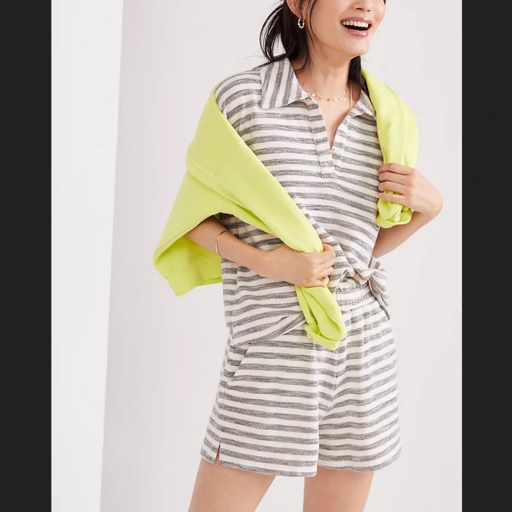 ANTHROPOLOGIE T.LA IVORY BLACK STRIPED SHORT SLEEVE COMFY POLO LOUNGE 2 PC SET